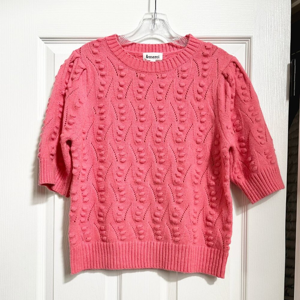 &Merci Pink Popcorn Knit Short Sleeve Sweater - Medium